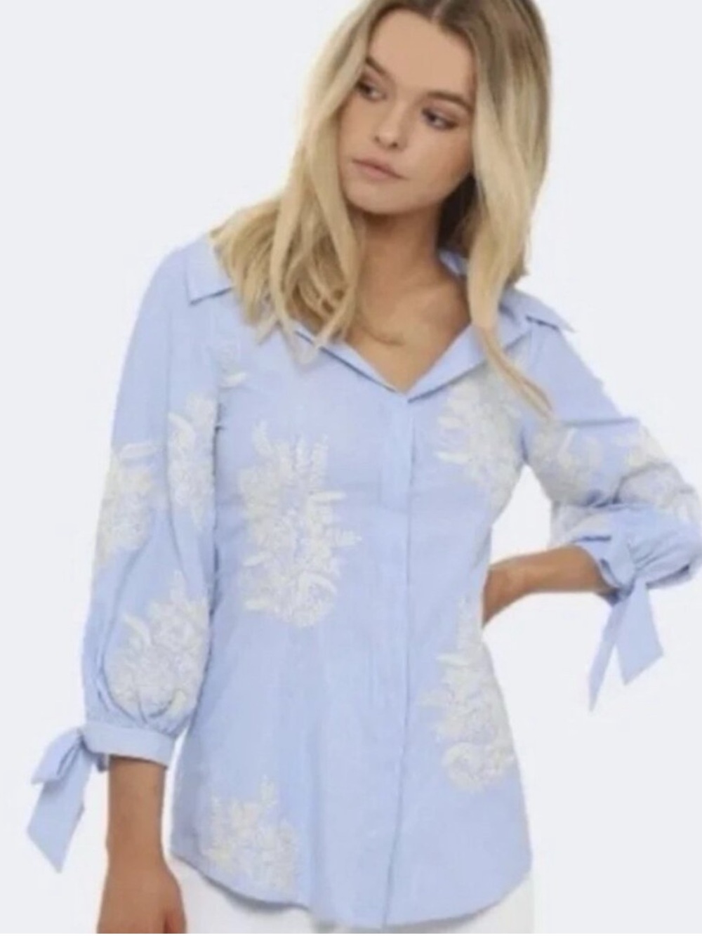 Alice + Olivia Toro Embroidered Pinstripe Blue Button Up Shirt